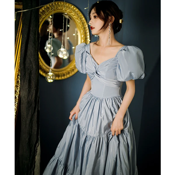 Chic / Beautiful Sky Blue Ruffle Prom Dresses 2021 A-Line / Princess V-Neck Puffy Short Sleeve Backless Floor-Length / Long Formal Dresses