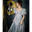 Chic / Beautiful Sky Blue Ruffle Prom Dresses 2021 A-Line / Princess V-Neck Puffy Short Sleeve Backless Floor-Length / Long Formal Dresses