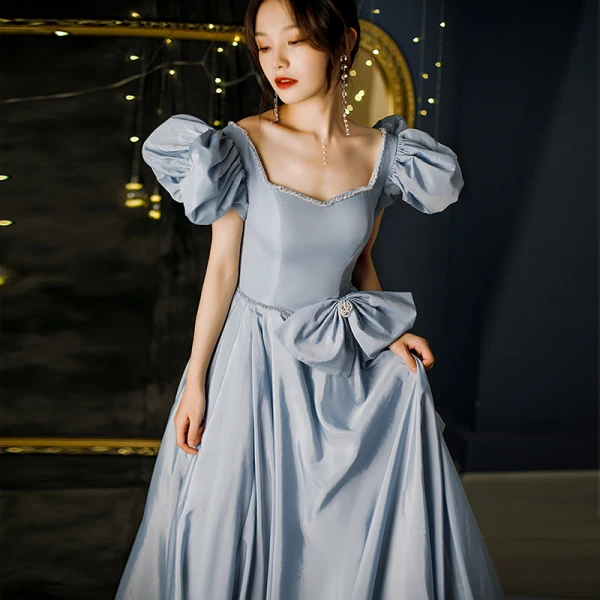 Vintage / Originale Bleu Ciel Robe De Bal 2021 Princesse Encolure Carrée Perlage Perle Noeud Gonflée Manches Courtes Dos Nu Longue Robe De Ceremonie