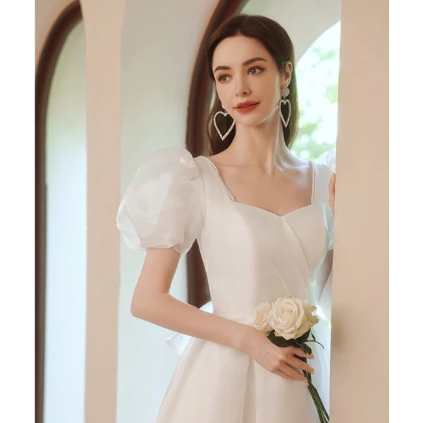Vintage / Retro Modest / Simple Ivory Pearl Prom Dresses 2021 A-Line / Princess Square Neckline Puffy Short Sleeve Backless Bow Floor-Length / Long Formal Dresses