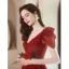 Elegant Burgundy Lace Flower Prom Dresses 2021 A-Line / Princess V-Neck Beading Pearl Cap Sleeves Backless Floor-Length / Long Formal Dresses