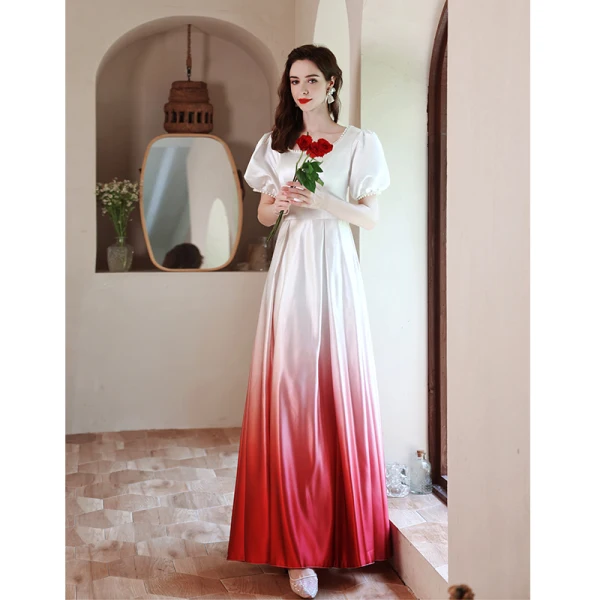 Fashion Gradient-Color Pearl Prom Dresses 2021 A-Line / Princess Satin Square Neckline Puffy Short Sleeve Backless Floor-Length / Long Formal Dresses
