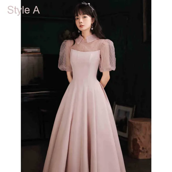 Simple Rougissant Rose Couleur Unie Satin Robe De Bal 2021 Princesse Manches Courtes Longue Robe De Ceremonie