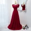 Elegant Burgundy Satin Prom Dresses 2021 A-Line / Princess Scoop Neck Pearl Rhinestone Puffy Short Sleeve Sash Backless Floor-Length / Long Formal Dresses