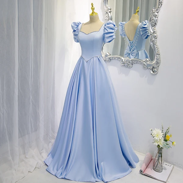 Chic / Belle Bleu Ciel Robe De Bal 2021 Princesse Encolure Carrée Perle Faux Diamant Manches Courtes Dos Nu Noeud Longue Robe De Ceremonie