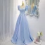 Chic / Belle Bleu Ciel Robe De Bal 2021 Princesse Encolure Carrée Perle Faux Diamant Manches Courtes Dos Nu Noeud Longue Robe De Ceremonie