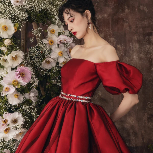 burgundy ruffle dress Pleated Bodice Long Chiffon Evening Dress with Ruffle Sleeves main image 1