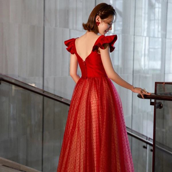 Charming Burgundy Evening Dresses  Prom Dresses 2021 A-Line / Princess Satin Square Neckline Sequins Bow Short Sleeve Backless Floor-Length / Long Formal Dresses
