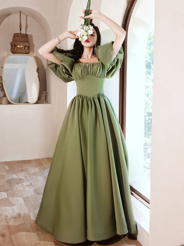 Chic Beautiful Olive Green Prom Dresses 2021 A-Line Princess Spaghetti Straps Puffy Bow