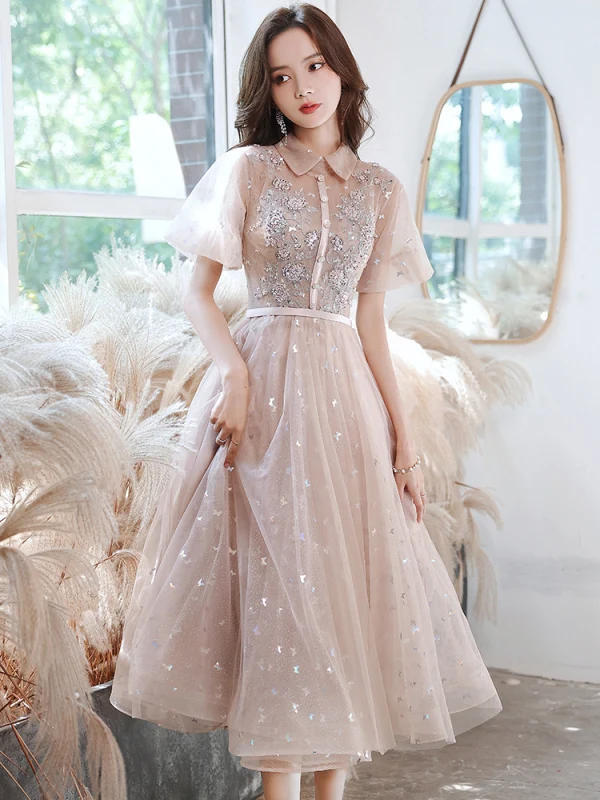 Charmant Rougissant Rose Robe De Soirée Robe De Bal 2021 Princesse Col Haut Papillon Appliques Paillettes En Dentelle Fleur Ceinture Manches Courtes Longue Robe De Ceremonie