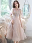 Charmant Rougissant Rose Robe De Soirée Robe De Bal 2021 Princesse Col Haut Papillon Appliques Paillettes En Dentelle Fleur Ceinture Manches Courtes Longue Robe De Ceremonie