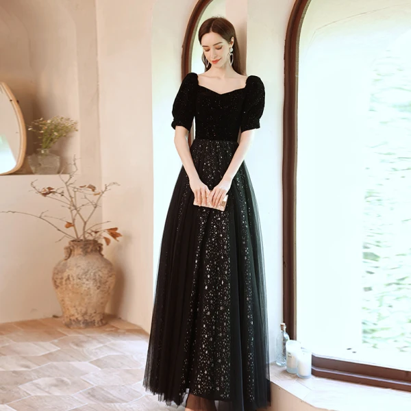 Chic / Belle Bling Bling Noire Étoile Paillettes Robe De Bal 2021 Princesse Encolure Carrée Manches Courtes Longue Robe De Ceremonie