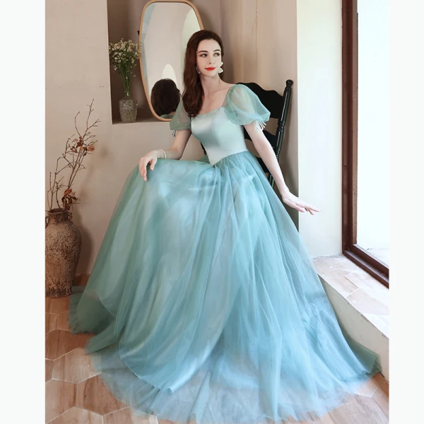 Elegant Mint Green Prom Dresses 2021 A-Line Princess Square Neckline Puffy Short Sleeve