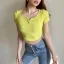 Sexy Blushing Pink Summer Street Wear Tight  Buttons T-Shirts 2021 Scoop Neck Short Sleeve Women's Tops