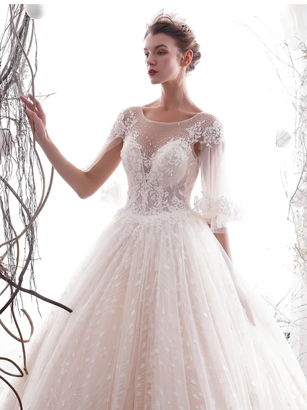 Elegant Champagne Wedding Dresses 2019 A-Line / Princess Short Sleeve Beading Lace Flower Scoop Neck Backless Floor-Length / Long