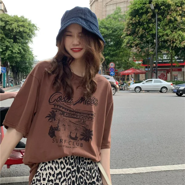 Summer Casual White Printing Loose T-Shirts 2021 Cotton Scoop Neck Short Sleeve Women's Tops T-shirt