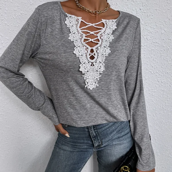 Sexy Fall Winter Street Wear Black Lace Flower T-Shirts 2021 V-Neck Loose Long Sleeve Women Tops