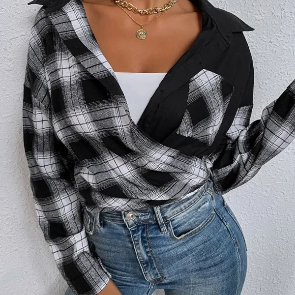 Désinvolte Tomber Hiver Noire Blanche Plaid Ample Blouses 2021 Revers Manches Longues Femme Hauts