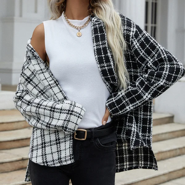 Fashion Two Tone White Black Plaid Fall Winter Street Wear Coats & Jackets 2021 Lapel Loose Long Sleeve Women Tops