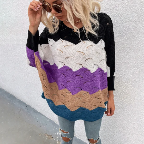 Mode Tomber Hiver Gris Multi-Couleurs Bande Vêtement de rue Chandails 2021 Tricot Encolure Dégagée Manches Longues Ample Femme Hauts