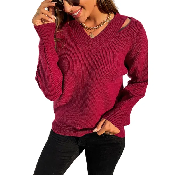 Fall Winter Street Wear Pool Blue Solid Color Knitting Sweaters 2021 V-Neck Long Sleeve Loose Women Tops