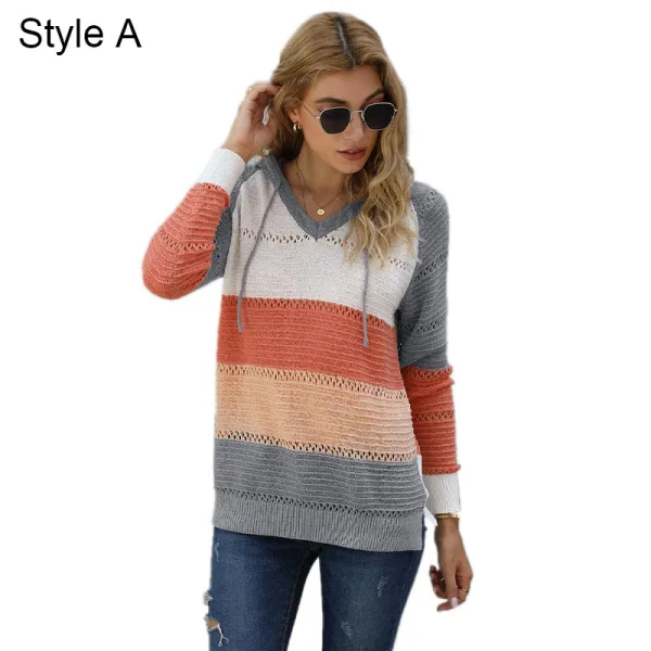 Fashion Fall Winter Casual Multi-Colors Stripe Knitting Hooded Sweatshirts 2021 Loose Long Sleeve Women Tops