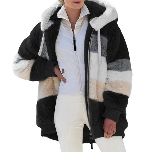 Fashion Fall Winter Street Wear Khaki Patchwork Plush Hooded Coats & Jackets 2021 Long Sleeve Women Tops