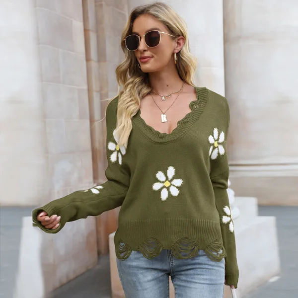 Fashion Fall Winter Street Wear Tan Knitting Flower Sweaters 2021 V-Neck Long Sleeve Loose Women Tops