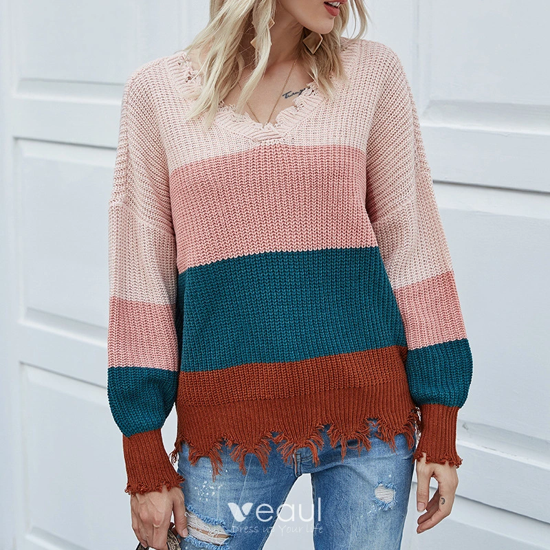 Veaul Chic Beautiful Multi Colors Fall Winter Street Wear Knitting Sweaters 2021 V Neck Long