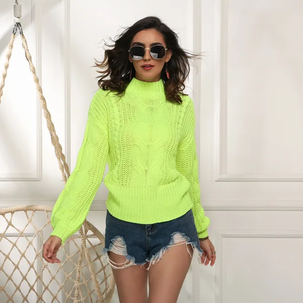 Fall Winter Street Wear Brown Knitting Sweaters 2021 Cotton High Neck Long Sleeve Loose Women Tops