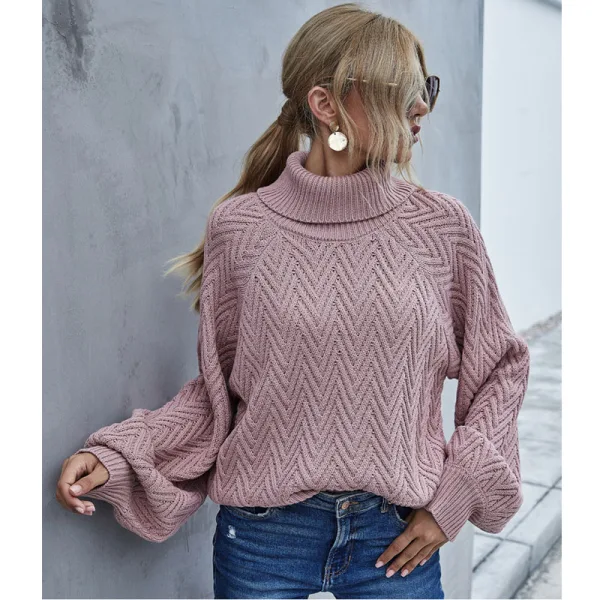 Comfortable Brown Fall Casual Winter Knitting Sweaters 2021 High Neck Long Sleeve Loose Women Tops