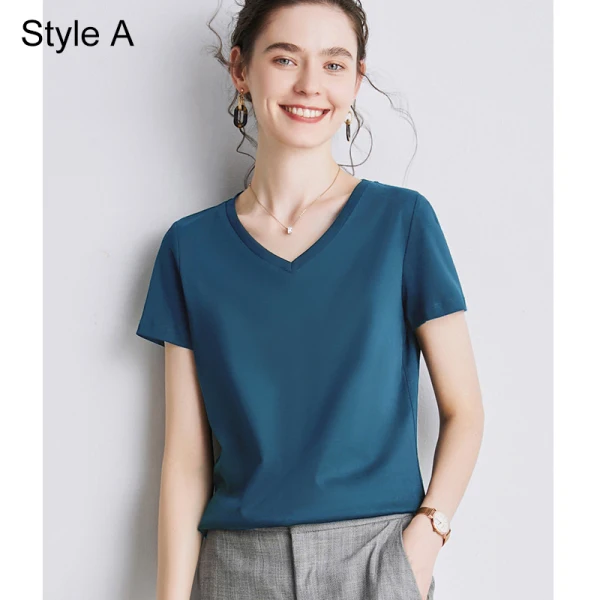 Modest / Simple Summer Casual OL White Regular T-Shirts 2021 Cotton V-Neck Short Sleeve Women's Tops T-shirt
