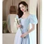 Élégant Bleu Ciel Perle Robe De Bal 2021 Princesse Encolure Carrée Manches Courtes Dos Nu Longue Robe De Ceremonie
