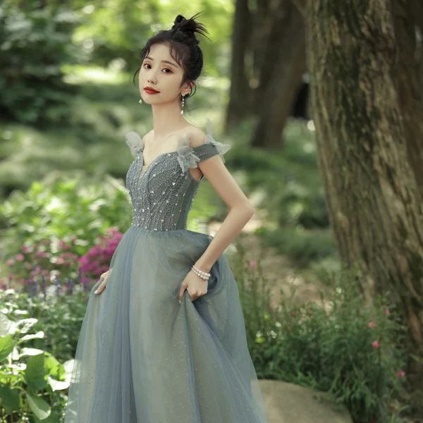 Charming Sage Green Prom Dresses 2021 A-Line / Princess Off-The-Shoulder Beading Sleeveless Backless Floor-Length / Long Formal Dresses