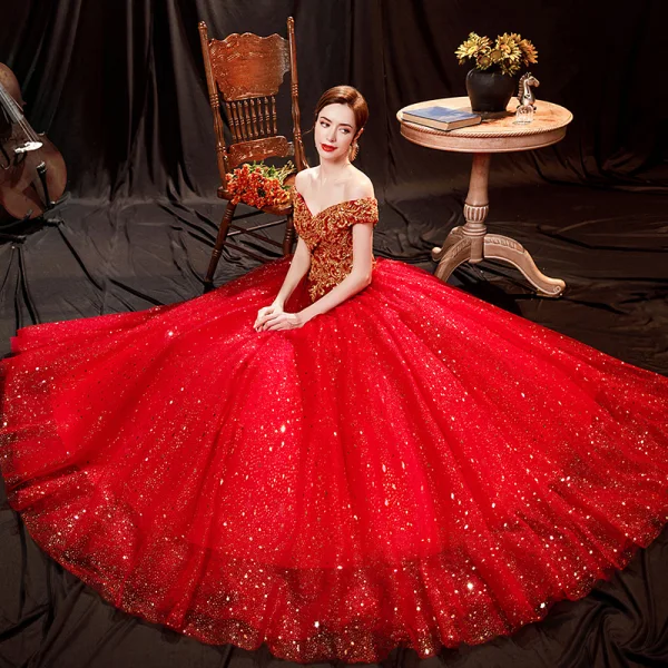 Scintillantes Rouge Glitter Perlage Paillettes Robe De Bal 2021 Princesse De l'épaule Sans Manches Dos Nu Longue Robe De Ceremonie