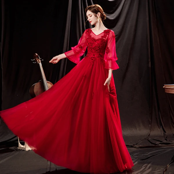 Chic / Belle Rouge En Dentelle Fleur Robe De Bal 2021 Princesse V-Cou Manches de cloche Dos Nu Longue Robe De Ceremonie