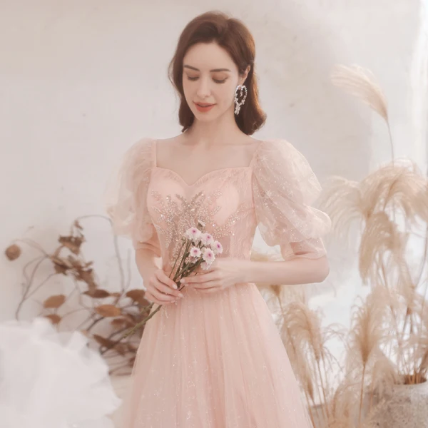Charming Beading Sequins Pearl Pink Prom Dresses 2021 A-Line / Princess Square Neckline Lace Short Sleeve Floor-Length / Long Formal Dresses