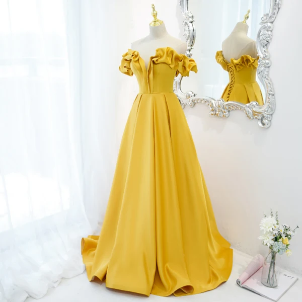 Fashion Yellow Prom Dresses 2021 A-Line Princess Ruffle Off-The-Shoulder Sleeveless Long Fashion Yellow Prom Dresses 2021 A-Line Princess Ruffle Off-The-Shoulder Sleeveless Long