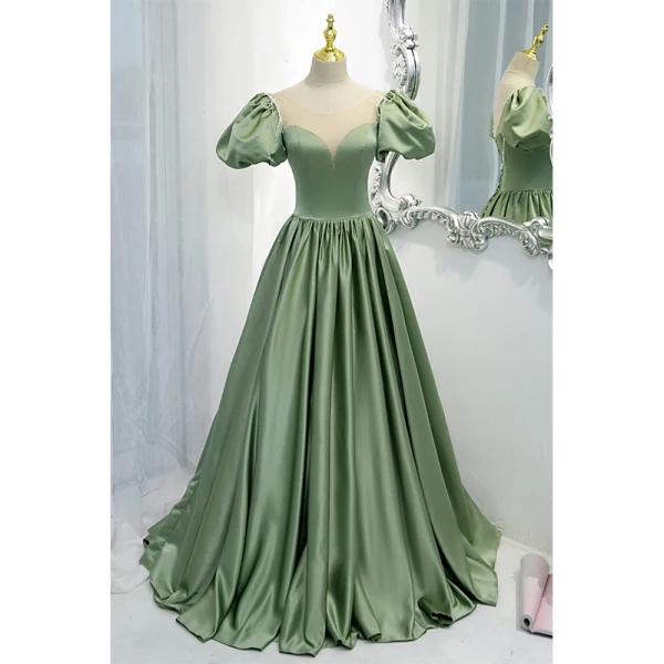 Eleganta Sage Grön Satin Balklänningar 2021 Prinsessa Urringning Beading Pösigt Korta ärm Halterneck Långa Formella Klänningar