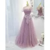 Chic / Beautiful Lilac Ruffle Spotted Prom Dresses 2021 A-Line / Princess Square Neckline Bow Short Sleeve Floor-Length / Long Formal Dresses