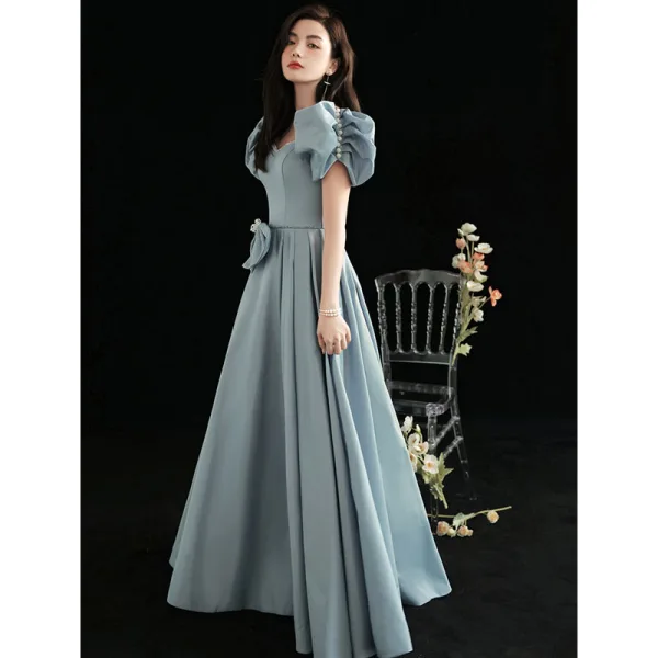 Vintage / Originale Bleu Ciel Robe De Bal 2021 Princesse Encolure Carrée Perle Gonflée Manches Courtes Dos Nu Longue Robe De Ceremonie