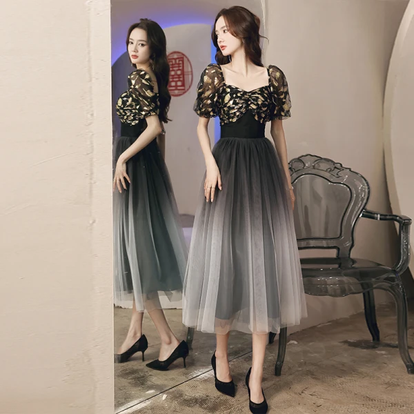 Fashion Black Homecoming Printing Graduation Dresses 2021 A-Line / Princess Square Neckline Short Sleeve Tea-length Formal Dresses