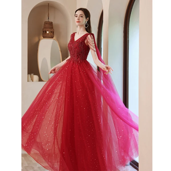 Charming Burgundy Beading Sequins Lace Prom Dresses 2021 A-Line / Princess V-Neck Sleeveless Backless Floor-Length / Long Formal Dresses