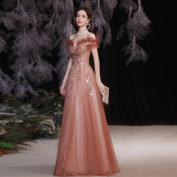 Charmant Watermelon Rouge Robe De Bal 2021 Princesse De l'épaule Perlage Paillettes Manches Courtes Dos Nu Longue Robe De Ceremonie