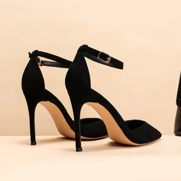 Fashion Black Street Wear Womens Sandals 2021 Leather Ankle Strap 10 cm Stiletto Heels Pointed Toe Sandals High Heels