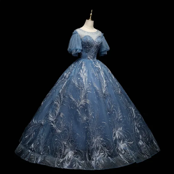 Chic / Belle Bleu Perlage En Dentelle Paillettes Robe De Bal 2021 Robe Boule Encolure Dégagée Manches Courtes Dos Nu Longue Robe De Ceremonie