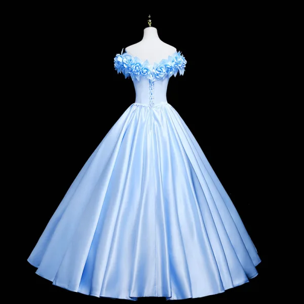 Elegant Sky Blue Flower Prom Dresses 2021 Ball Gown Satin Off-The-Shoulder Sleeveless Backless Floor-Length / Long Formal Dresses