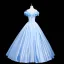 Elegant Sky Blue Flower Prom Dresses 2021 Ball Gown Satin Off-The-Shoulder Sleeveless Backless Floor-Length / Long Formal Dresses