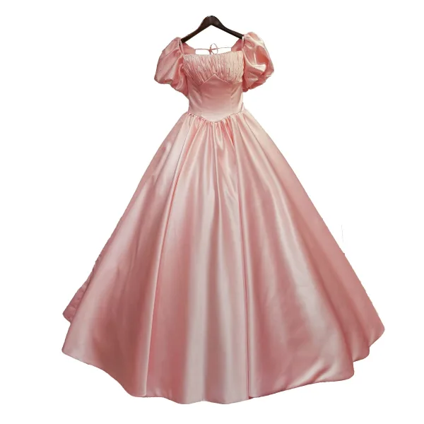 Vintage / Retro Ball Gown Green Satin Prom Dresses 2021 Square Neckline Short Sleeve Backless Floor-Length / Long Formal Dresses