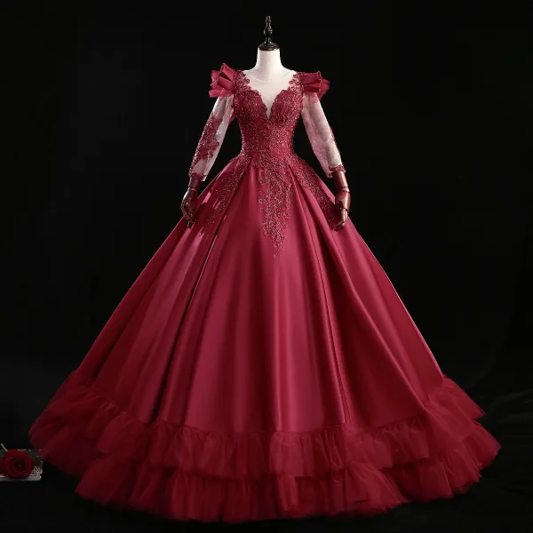 Vintage / Retro Dark Green Satin Prom Dresses 2021 Ball Gown Scoop Neck Beading Sequins Lace Flower Long Sleeve Backless Floor-Length / Long Formal Dresses